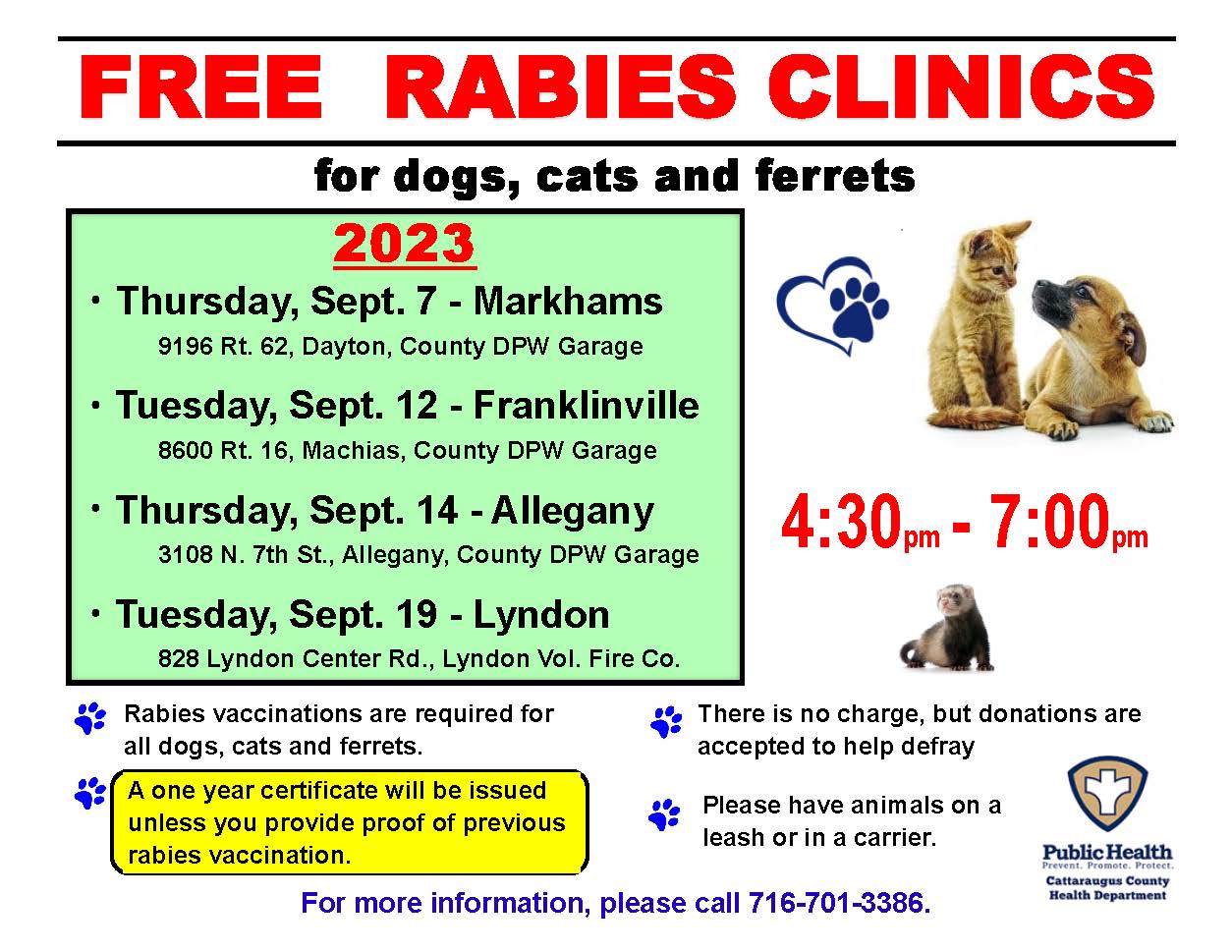 Free Rabies Clinic September 7th, Markhams Cattaraugus County Website